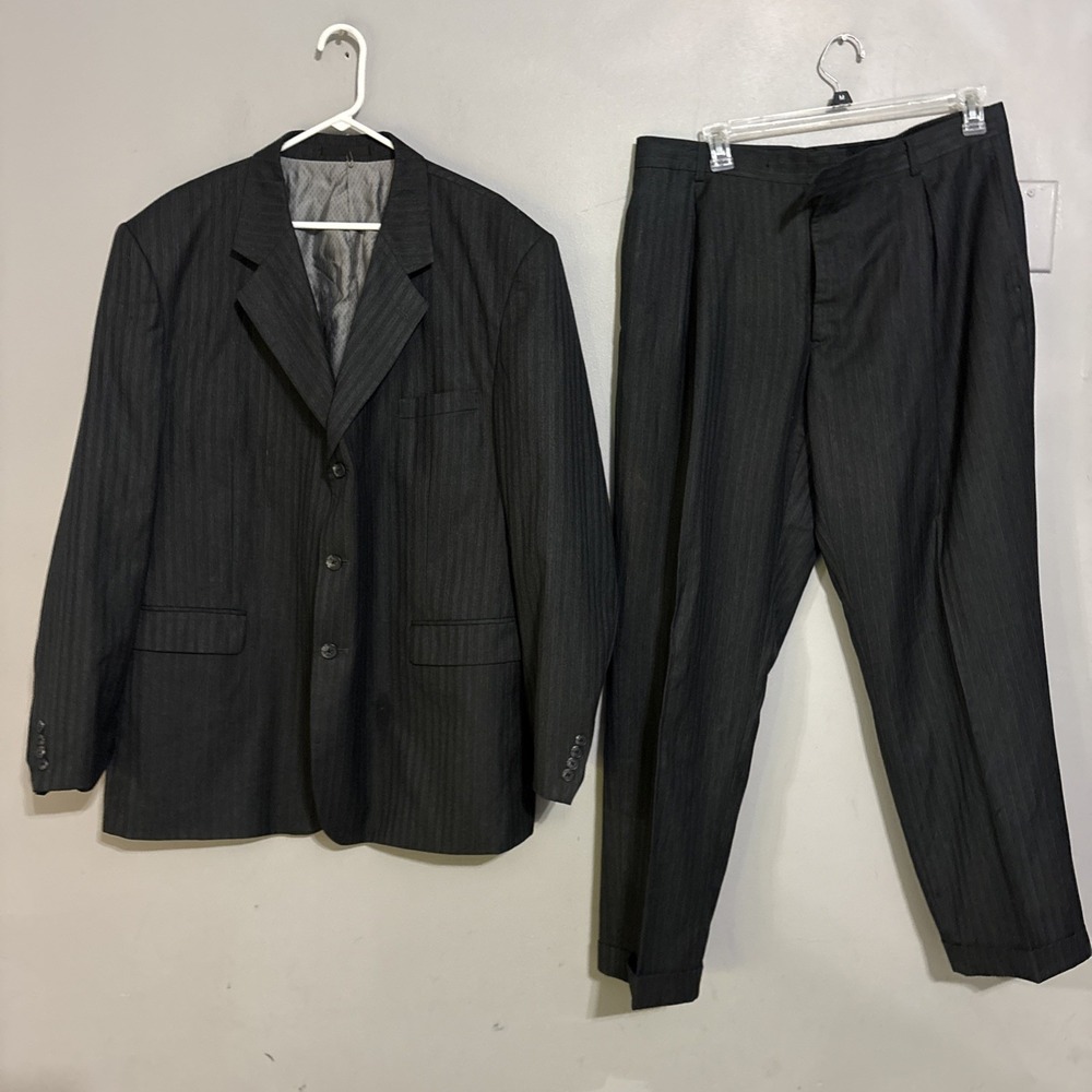 Stacy Adams 2 Piece Suit Mens 38x32 Black Stripe Wedding Prom Church Read